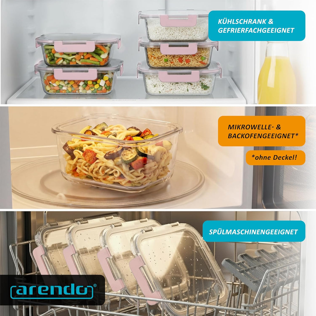 Arendo - Lunchboxen Glas - Frischhaltedosen für Lebensmittel mit Deckel luftdicht - 5er Set - 1000 m