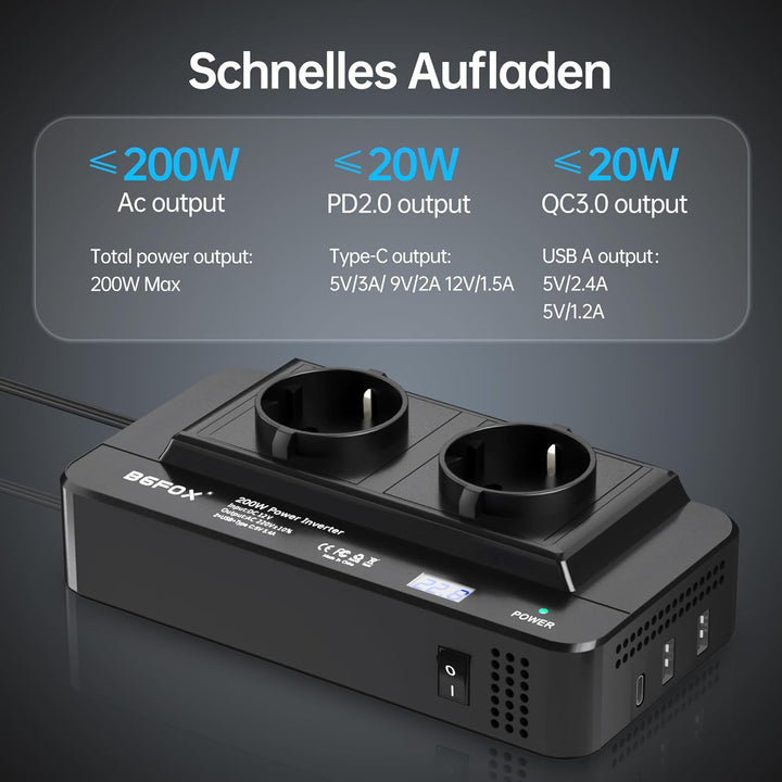 200W Wechselrichter 12V auf 230V Auto Spannungswandler, Stromwandler mit 2 Auto Steckdose/Type-C & 2