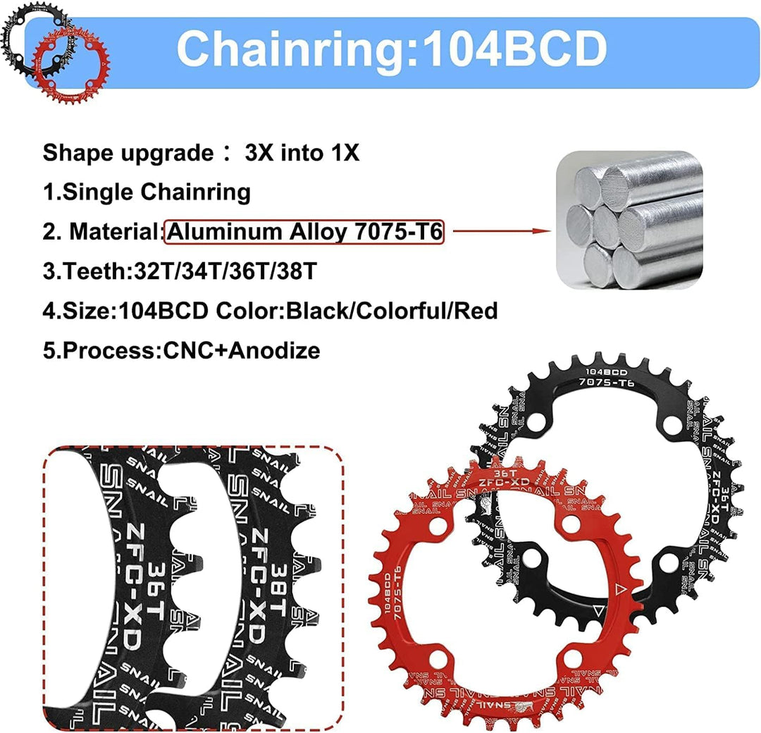 splumzer 170mm Vierkantkurbel für Mountainbike mit 104 Lochkreis 32/34/36/38T Kettenblatt, Wide Narr