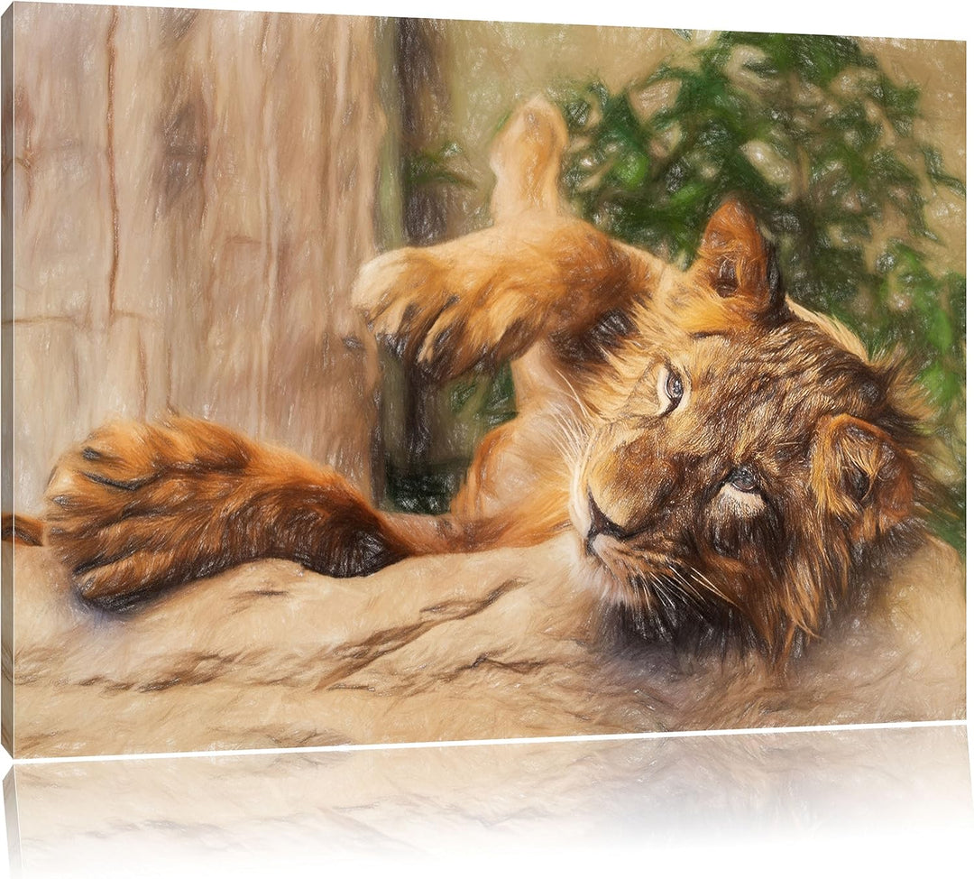 Pixxprint verspielter Kleiner Löwe als Leinwandbild/Grösse: 100x70 / Wandbild/Kunstdruck/fertig besp