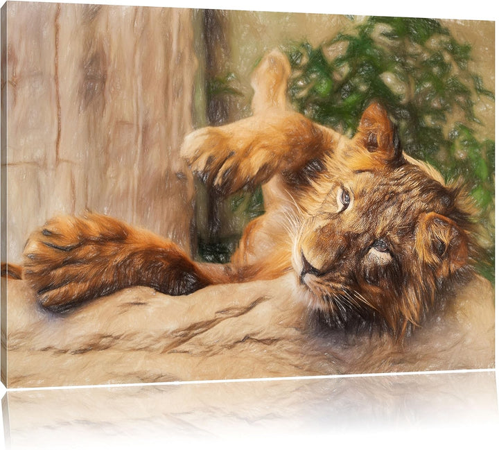 Pixxprint verspielter Kleiner Löwe als Leinwandbild/Grösse: 100x70 / Wandbild/Kunstdruck/fertig besp