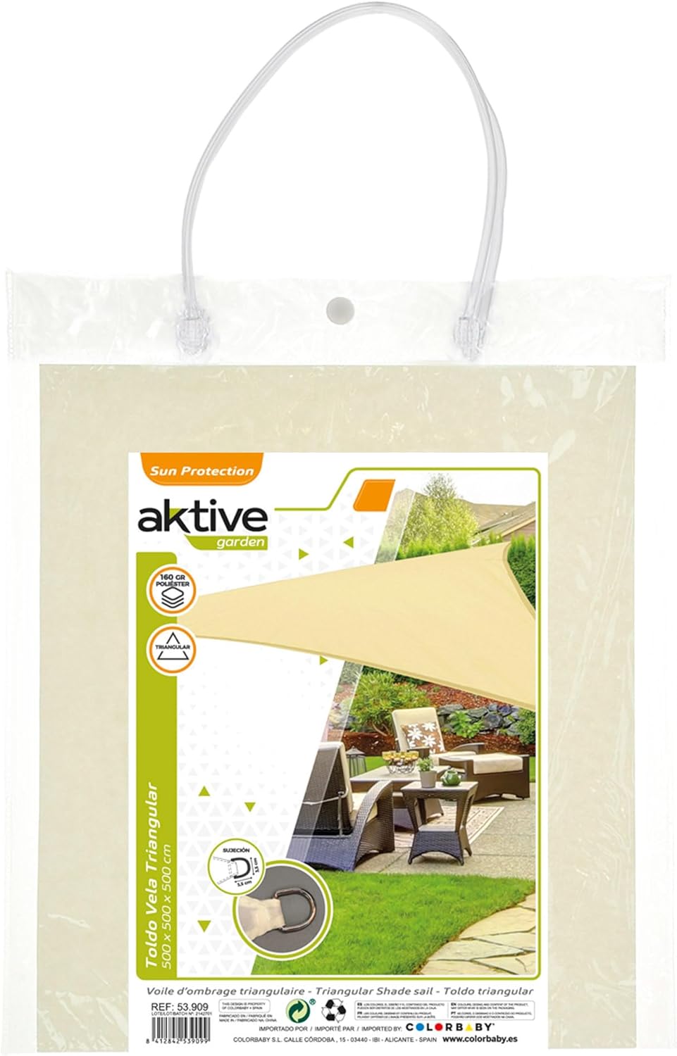 Aktive Dreieckige Sonnensegel für Garten, Polyester, 5 x 5 x 5 m, Creme (COLORBABY 53909) cremefarbe