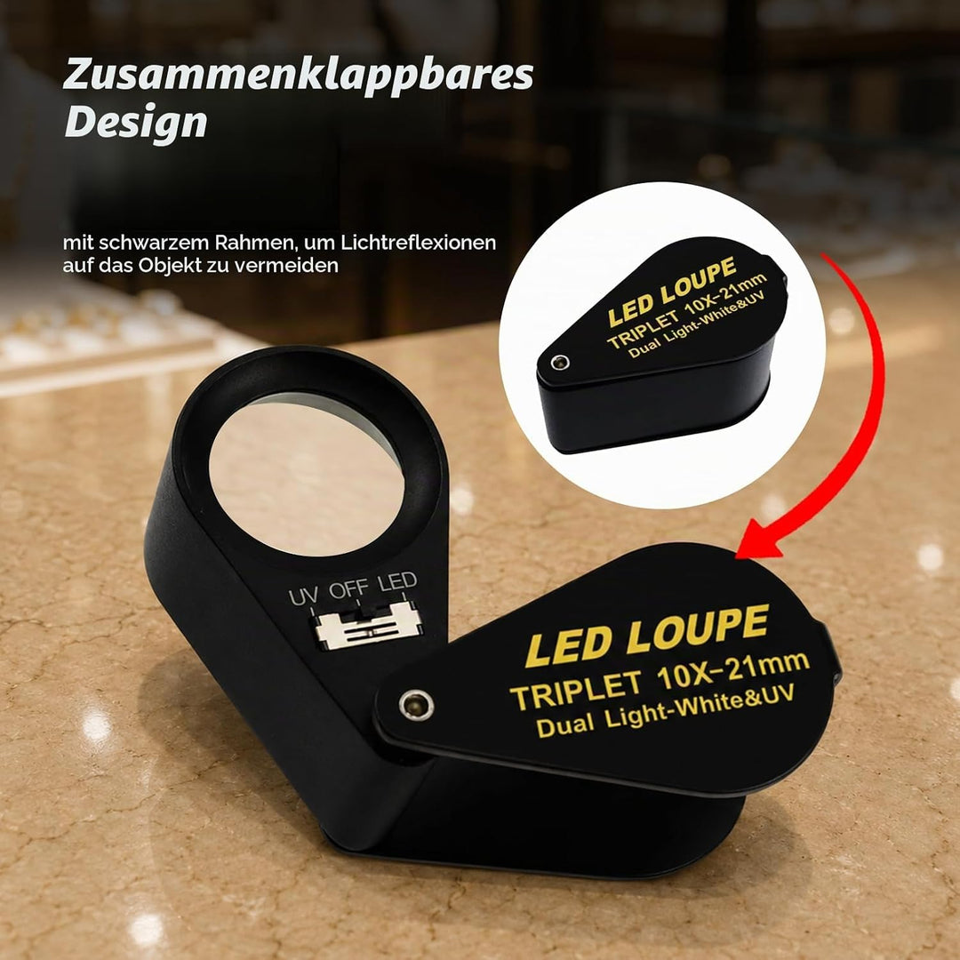 10x21mm Lupe Juwelier Lupe LED UV-Licht Triplet Objektiv Vergrösserungsstein Optisches Werkzeug 10-f