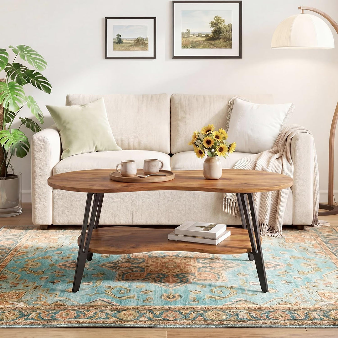 Manora Ovaler Couchtisch Braun mit Ablagefach &amp; Metallbeinen - Moderner Wohnzimmertisch Kaffeetisch