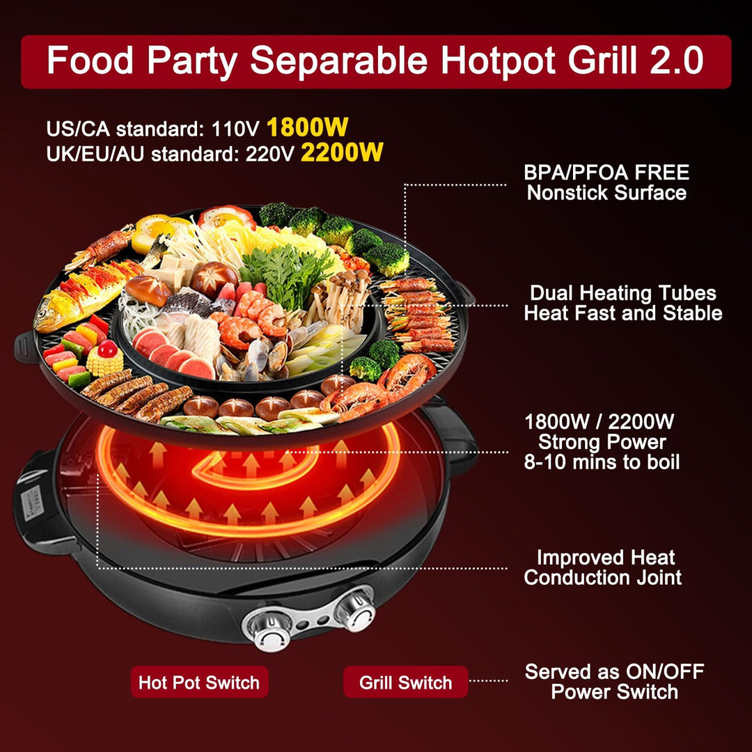 Food Party Hot Pot und Tischgrill Elektrisch Hotpot Topf Elektrogrill 220V 2200W 2 in 1 Electric Hot