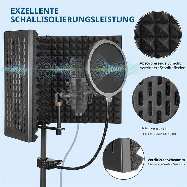Mikrofon Isolationsschild Set, Schaumstoffschutz mit Pop-Filter, Stativständer, Faltbares Design