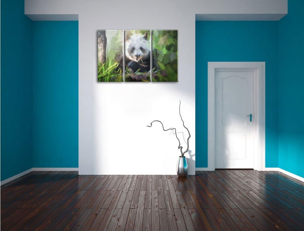 Pixxprint Niedlicher Panda isst Bambus Kunst Pinsel Effekt 3-Teiler Leinwandbild 120x80 Bild auf Lei