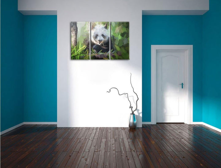 Pixxprint Niedlicher Panda isst Bambus Kunst Pinsel Effekt 3-Teiler Leinwandbild 120x80 Bild auf Lei