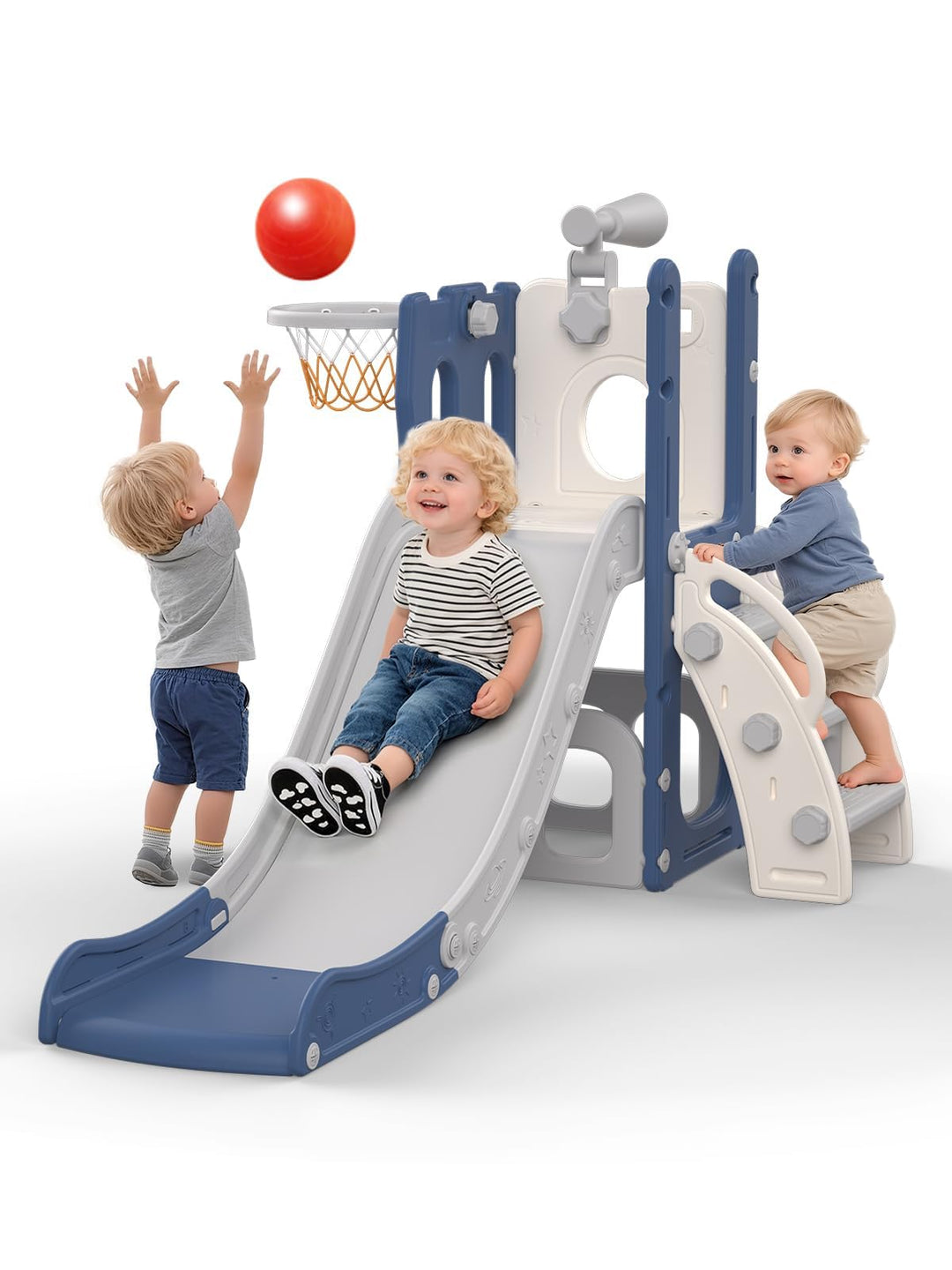 Rutsche für Kleinkinder mit Basketballkorb, Ball &amp; Spielzeug-Teleskop, Indoor &amp; Outdoor Spielplatz S