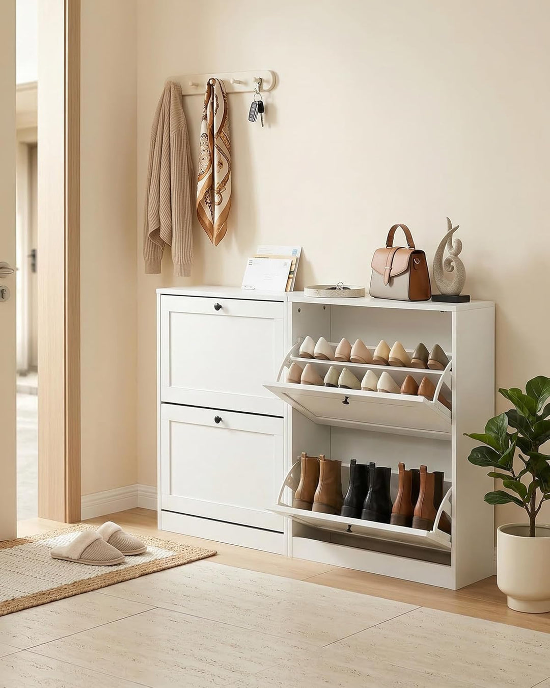hitsuki Schuhschrank Weiss Schuhkipper Klein mit 2 Klappen, Schuhschrank Schmal mit Trennwände Verst