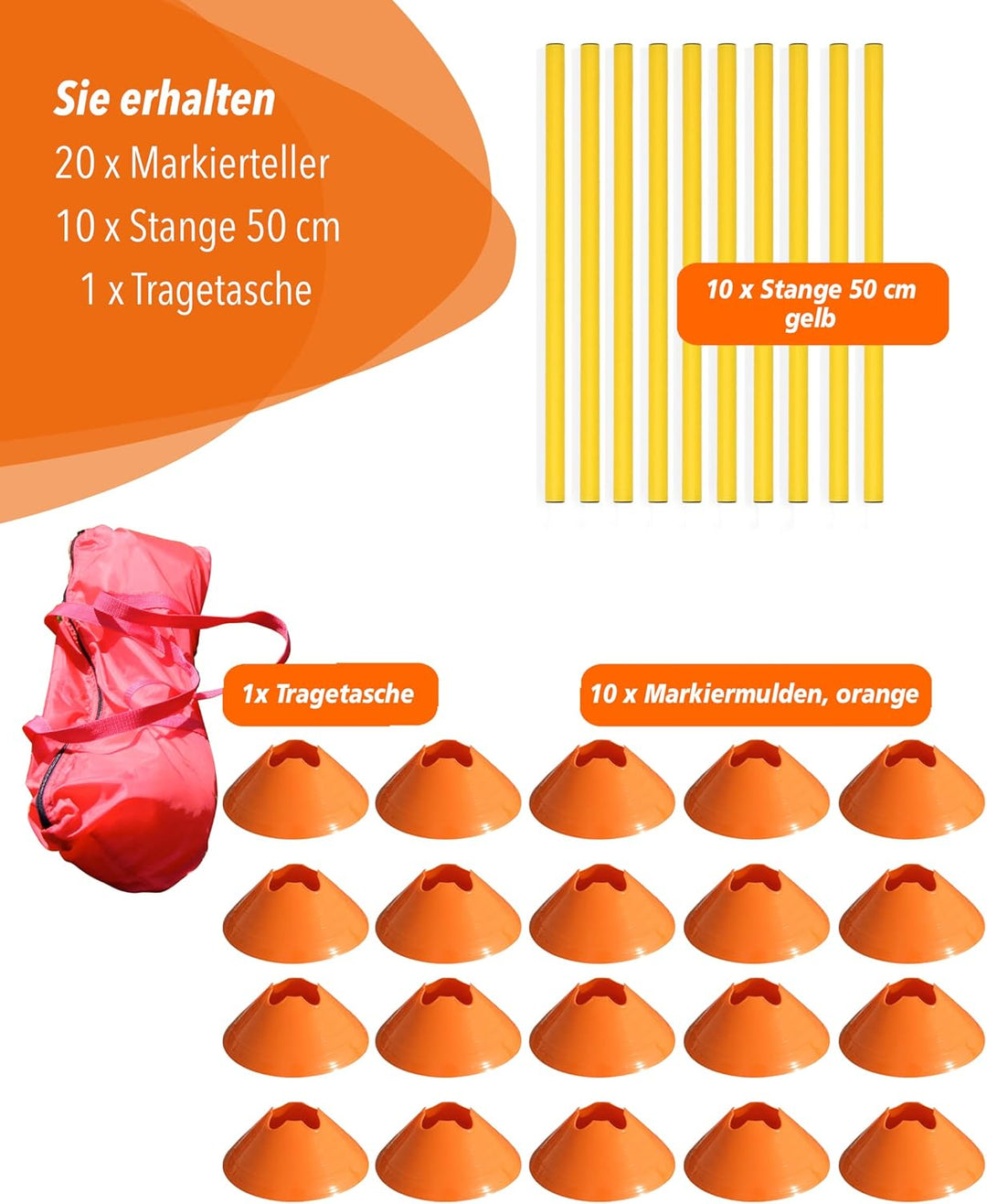 Cavaletti Mini-Hürden 10er Set – Markiermulden Orange & gelbe 50cm Stangen – inkl. Tragetasche – sic