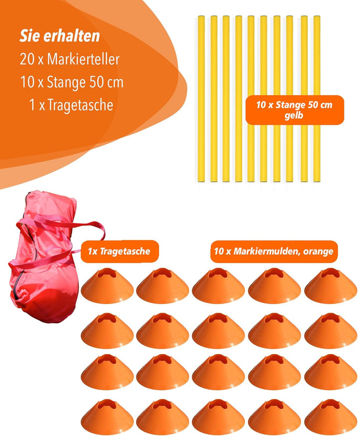 Cavaletti Mini-Hürden 10er Set – Markiermulden Orange & gelbe 50cm Stangen – inkl. Tragetasche – sic