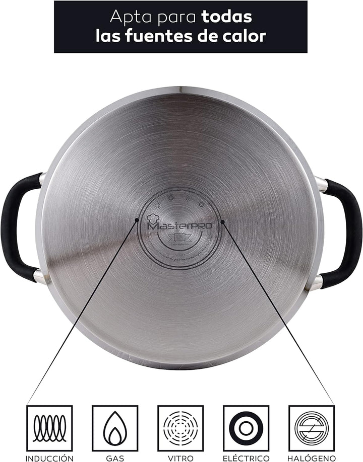 MasterPro Foodies | Niedriger Kochtopf mit Glasdeckel | 3,8 L Fassungsvermögen | Hergestellt aus Ede