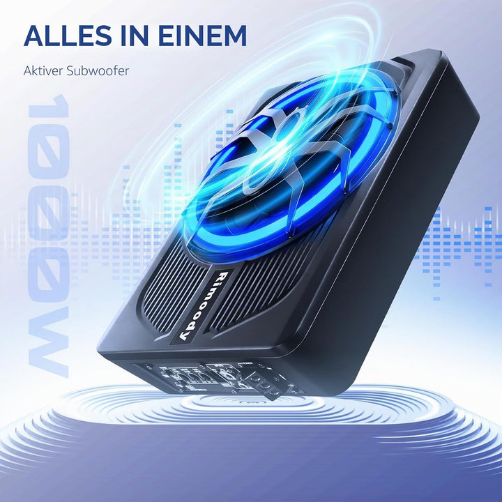 Rimoody 10 Zoll Flachbau Subwoofer Aktiv - 1000W Max Power, 120W RMS, Bass Boost, Untersitz Subwoofe