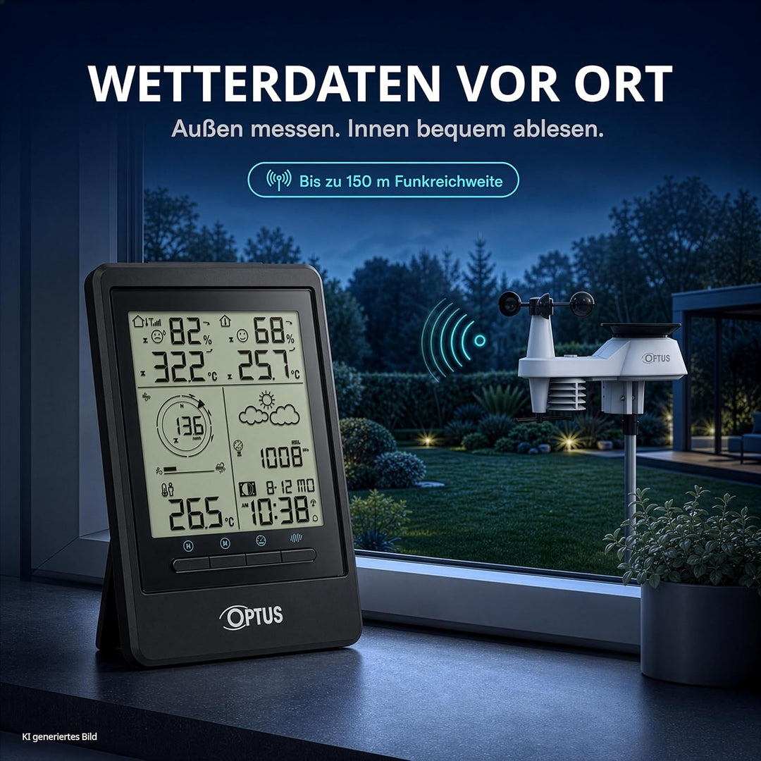Optus 5-in-1 Funk-Wetterstation mit Aussensensor – Messung von Temperatur, Luftfeuchtigkeit, Wind, R
