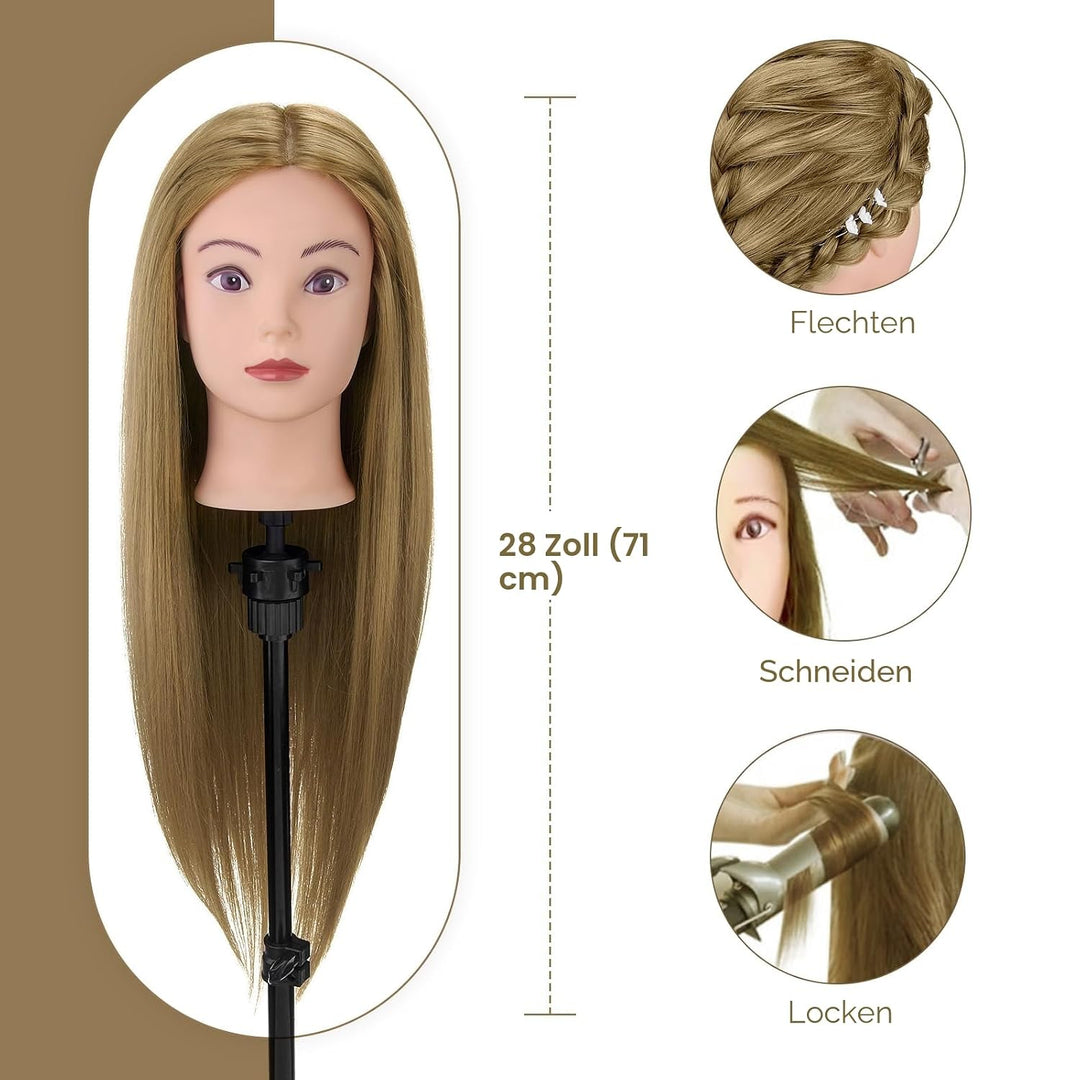 Frisierkopf mit Übungskopf ständer,71cm 60% Frisierkopf Echthaar,Puppenkopf zum Frisieren,Trainingsk