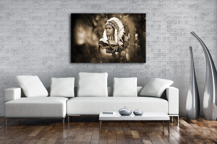 deyoli stolze Indianerin Format: 80x60 Effekt: Sepia als Leinwand, Motiv fertig gerahmt auf Echtholz