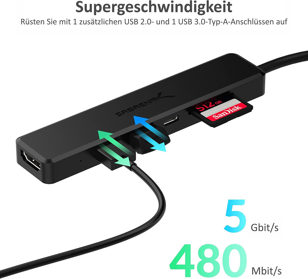 SABRENT USB C Hub mit HDMI 4K 30Hz, 60W USB-C PD Ladegerät und SD/Micro SD Kartenleser (HB-TC6C) 6-i