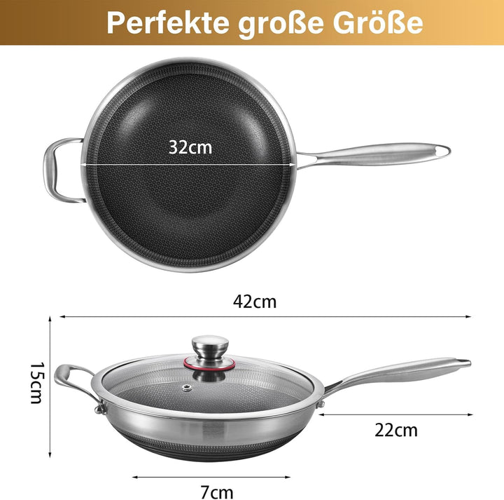 LOLYKITCH 32 cm Hybrid Wokpfanne mit Deckel, Edelstahl-Wokpfanne mit Antihaft-Wabenstruktur, für Ind