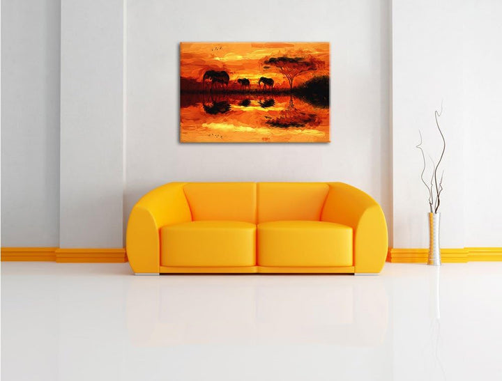 Pixxprint Elefantenam Wasser im Sonnenuntergang Pinsel Effekt, Format: 100x70 auf Leinwand, 100x70