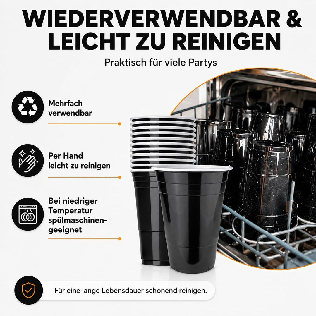 MYBEERPONG® Schwarzes Bierpong Set: 100 Black Cups (Markierung 0,4l + 0,5l) + 6 Beer Pong-Bälle – Wi