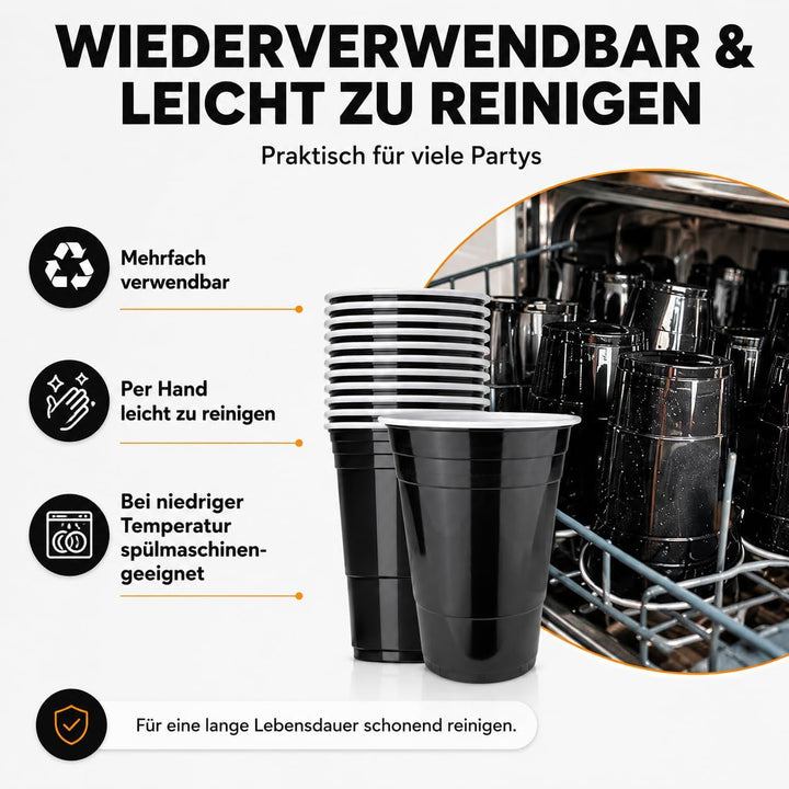 MYBEERPONG® Schwarzes Bierpong Set: 100 Black Cups (Markierung 0,4l + 0,5l) + 6 Beer Pong-Bälle – Wi