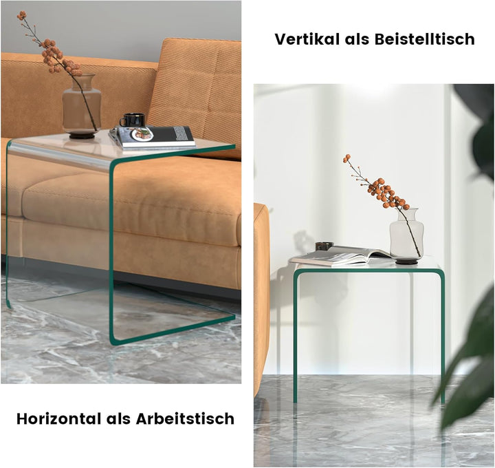 COSTWAY Beistelltisch Glas, Nachttisch U-förmig, transparenter Glastisch quadratisch, Wohnzimmertisc