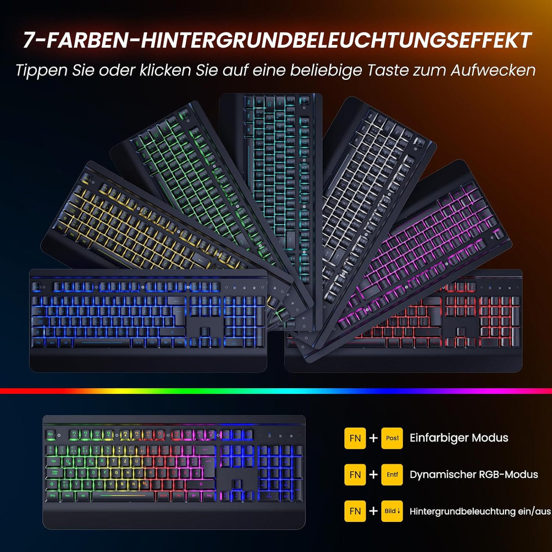 RisoPhy Gaming Tastatur Maus Set Kabellos, QWERTZ, Metallplatte, 7 Farben Beleuchtet, Wiederaufladba