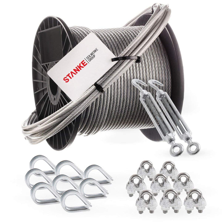 Seilwerk STANKE Rankhilfe PVC Drahtseil ummantelt verzinkt 50m Stahlseil 6mm 6x7, 2x Spannschloss M1