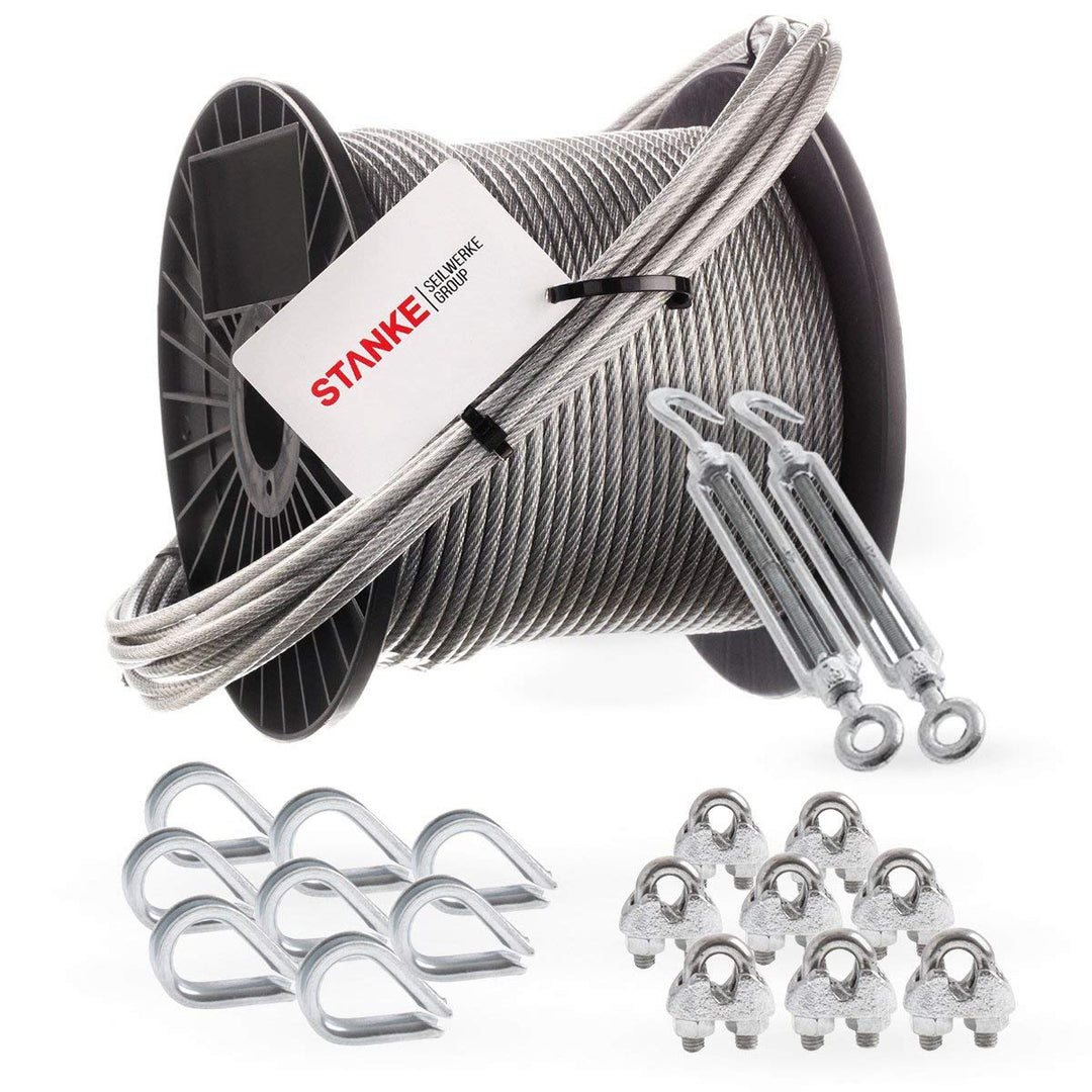 Seilwerk STANKE Rankhilfe PVC Drahtseil ummantelt verzinkt 10m Stahlseil 6mm 6x7, 2x Spannschloss M1