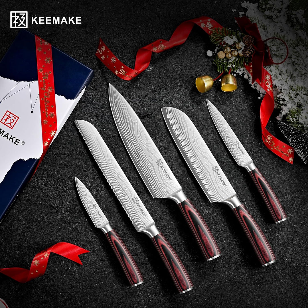 KEEMAKE Küchenmesser Set 5 teilig, Messerset aus Edelstahl mit Profi Brotmesser Kochmesser Santoku M
