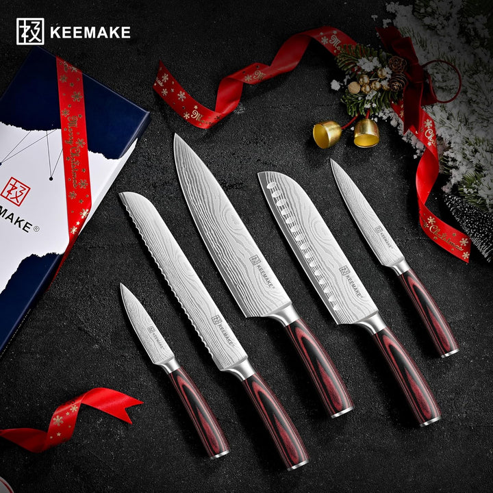 KEEMAKE Küchenmesser Set 5 teilig, Messerset aus Edelstahl mit Profi Brotmesser Kochmesser Santoku M