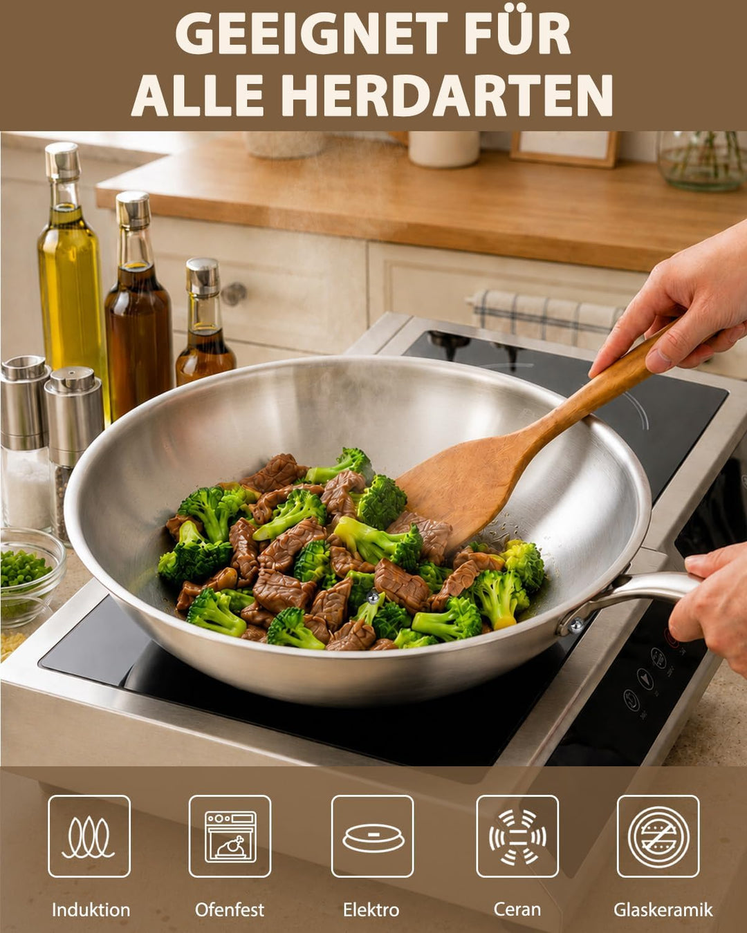 LOLYKITCH Wok 30 cm, unbeschichtete Edelstahl-Wokpfanne mit Glasdeckel | Abnehmbarer Griff | Tri-Ply