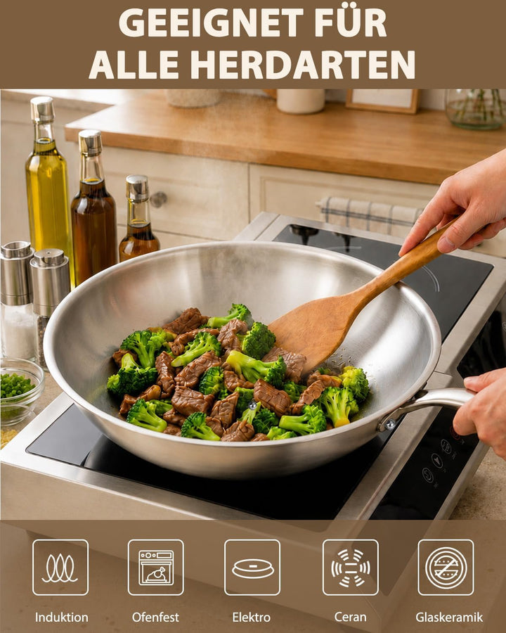 LOLYKITCH Wok 30 cm, unbeschichtete Edelstahl-Wokpfanne mit Glasdeckel | Abnehmbarer Griff | Tri-Ply