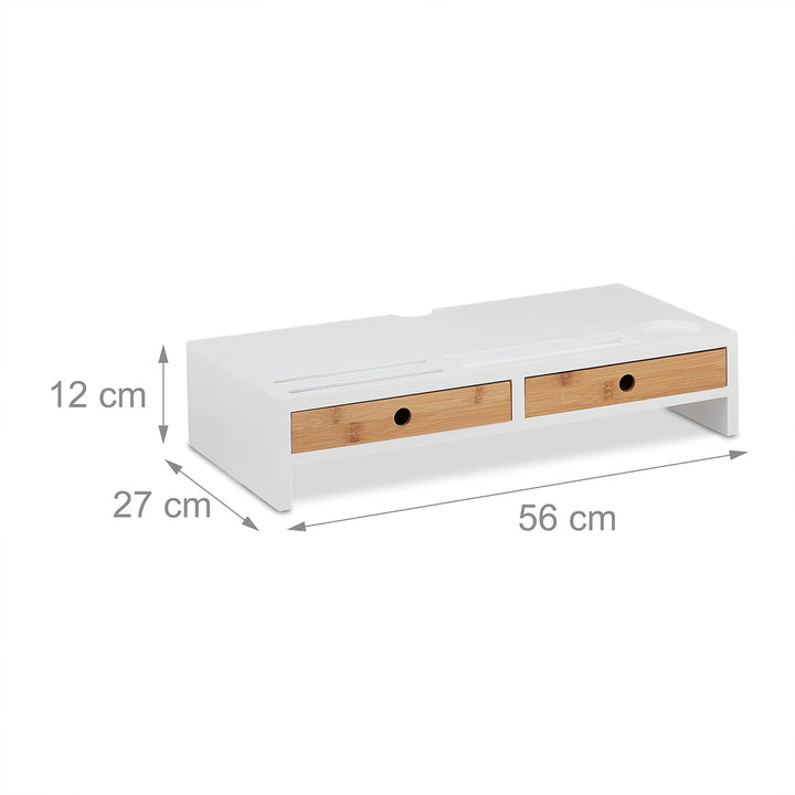 Relaxdays Monitorständer, 2 Schubladen, PC-Erhöhung für Schreibtisch, HxBxT: 12 x 56 x 27 cm, Bambus