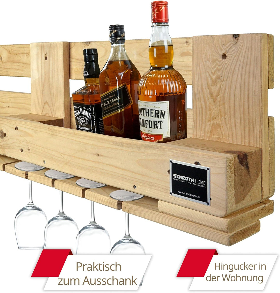 Schroth Home PALvino Weinregal – Palettenregal aus Holz – Schnapsregal für an die Wand – mit Vorrich