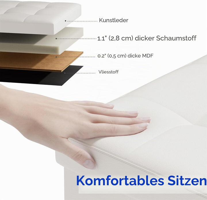 BRIAN & DANY Sitzhocker faltbar Sitzbank Kunstleder Aufbewahrungsbox mit Stauraum, Weiss, 38 x 38 x