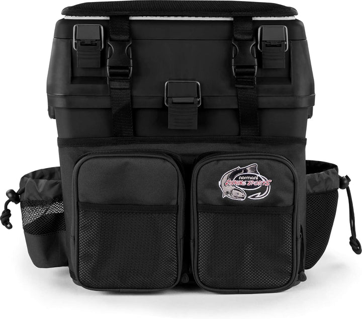 Sitzkiepe Angelrucksack Multi-Angelbox Sitz- und Gerätekasten mit Tragegurtsystem - inklusive 4 Kuns