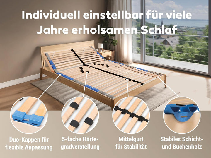 Madera 7 Zonen Lattenrost zur Selbstmontage, mit 28 Leisten, extra stabil durch durchgehende Holme,
