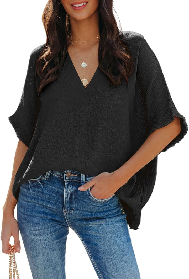 Dokotoo Damen Bluse V-Ausschnitt Musselin Tunika Shirt Oberteil Sommer Kurzarm Locker Longshirt Tops