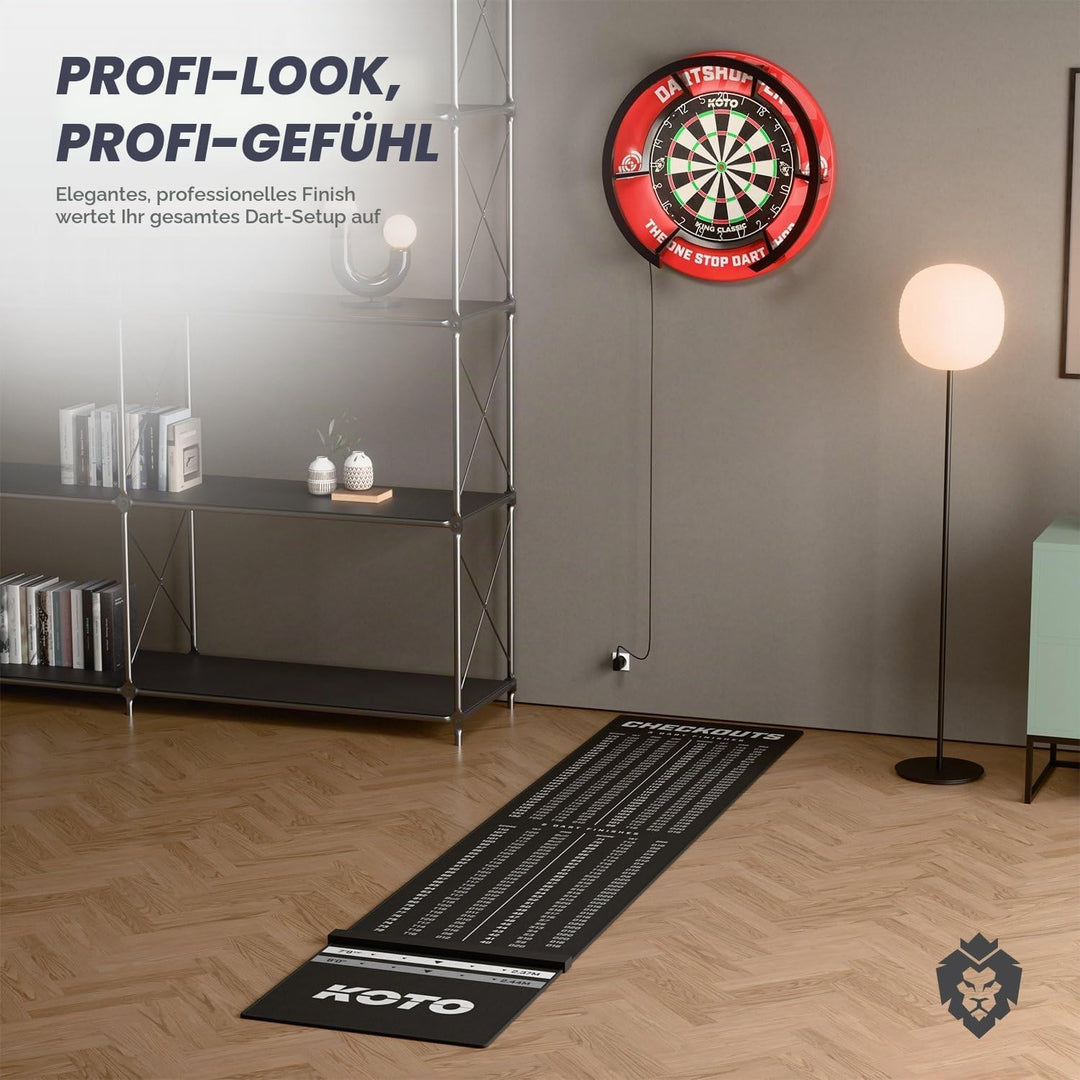 KOTO - Oche Carpet Checkout Dartmatte Schwarz 285 x 60 cm, Hochwertige Dartmatte mit Anti-Rutsch-Bes