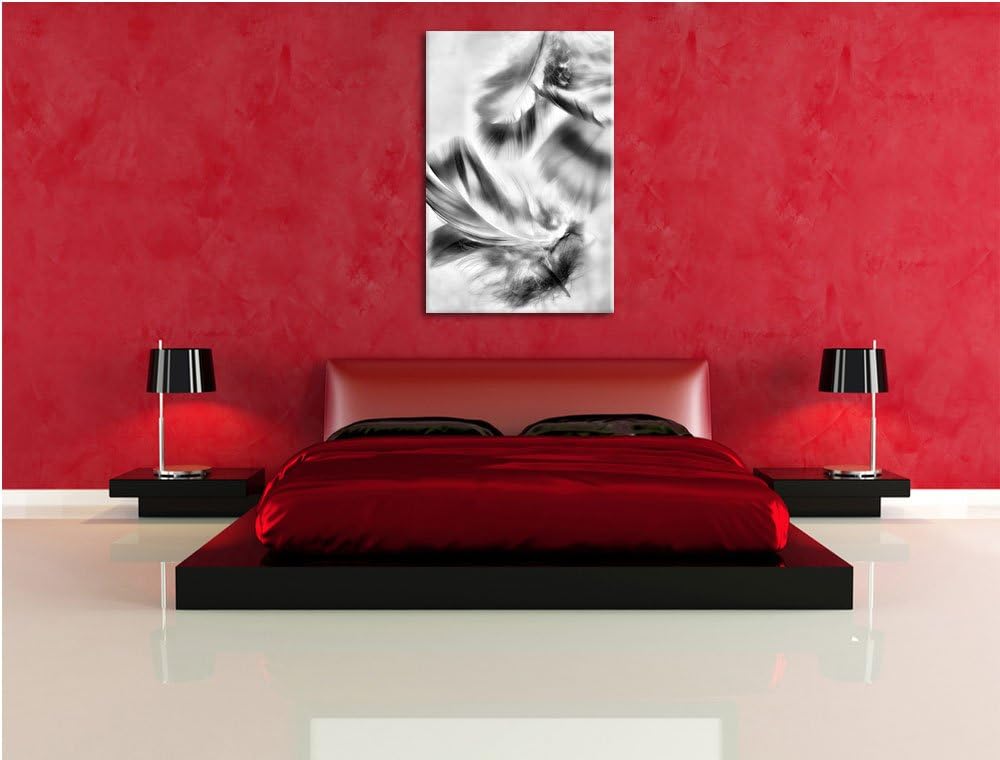 Pixxprint Weisse Feder auf schwarzem Stein als Leinwandbild/Grösse: 100x70 cm/Wandbild/Kunstdruck/fe