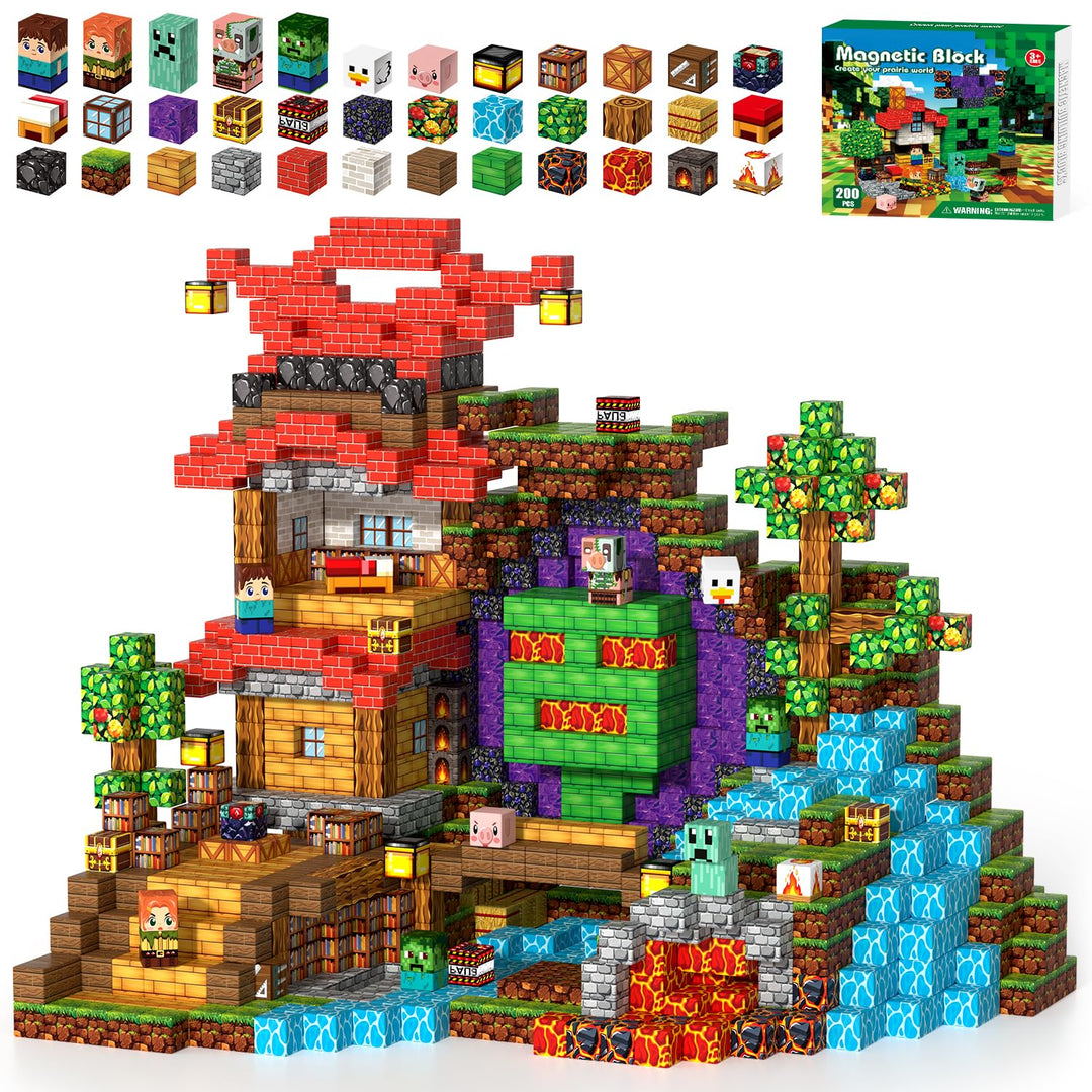 Magnetische Bausteine 200 PCS, Magnetic Building Blocks ab 3 Jahre | Waldthema, Spielzeug ab 3 Jahre
