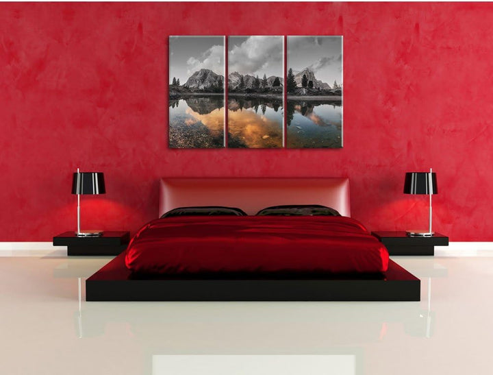 Pixxprint Bunte Dolomiten am See Limides B&W Detail 3-Teiler Leinwandbild 120x80 Bild auf Leinwand