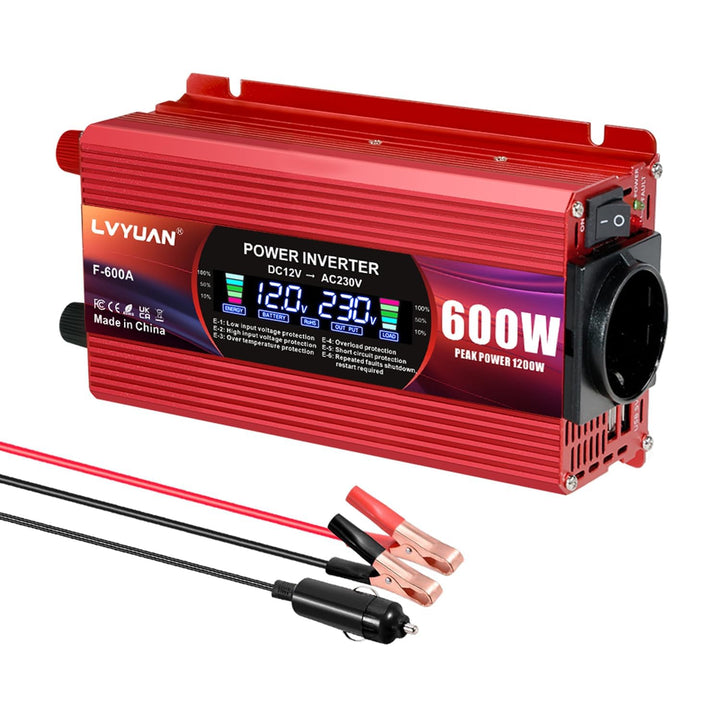 LVYUAN 600W/1200W Wechselrichter DC 12V auf AC 230V Spannungswandler 1 EU Steckdose & 2 USB Port Str