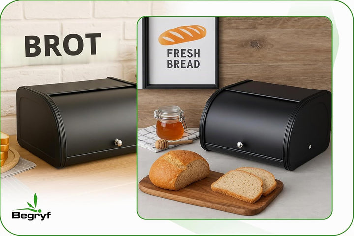 Rollbrotkasten 31,5 cm, schwarzer Brotkasten aus Metall für Brot und Brötchen, kompakte Brotbox für