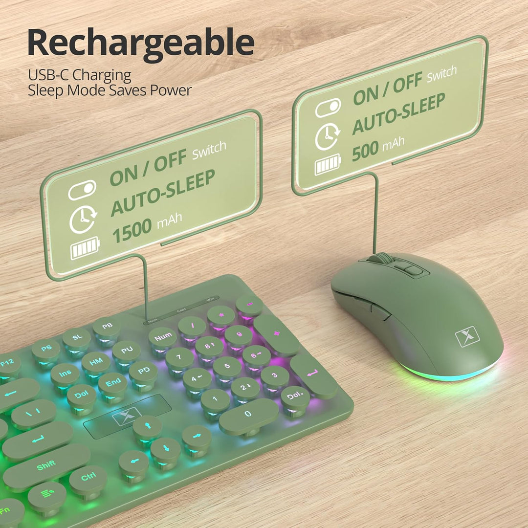 SOLIDEE Beleuchtetes Kabellose Tastatur und Maus Set, 2.4 GHz Wiederaufladbar, Grüne Retro Schreibma