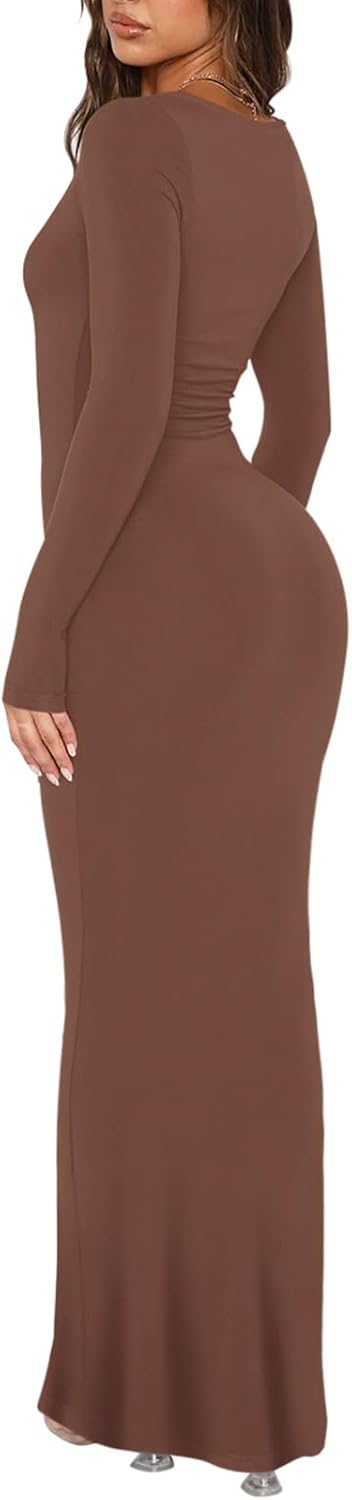 REORIA Damen Sexy U-Ausschnitt Langarm Lounge Langes Kleid Gerippte figurbetonte Maxikleider S Kaffe