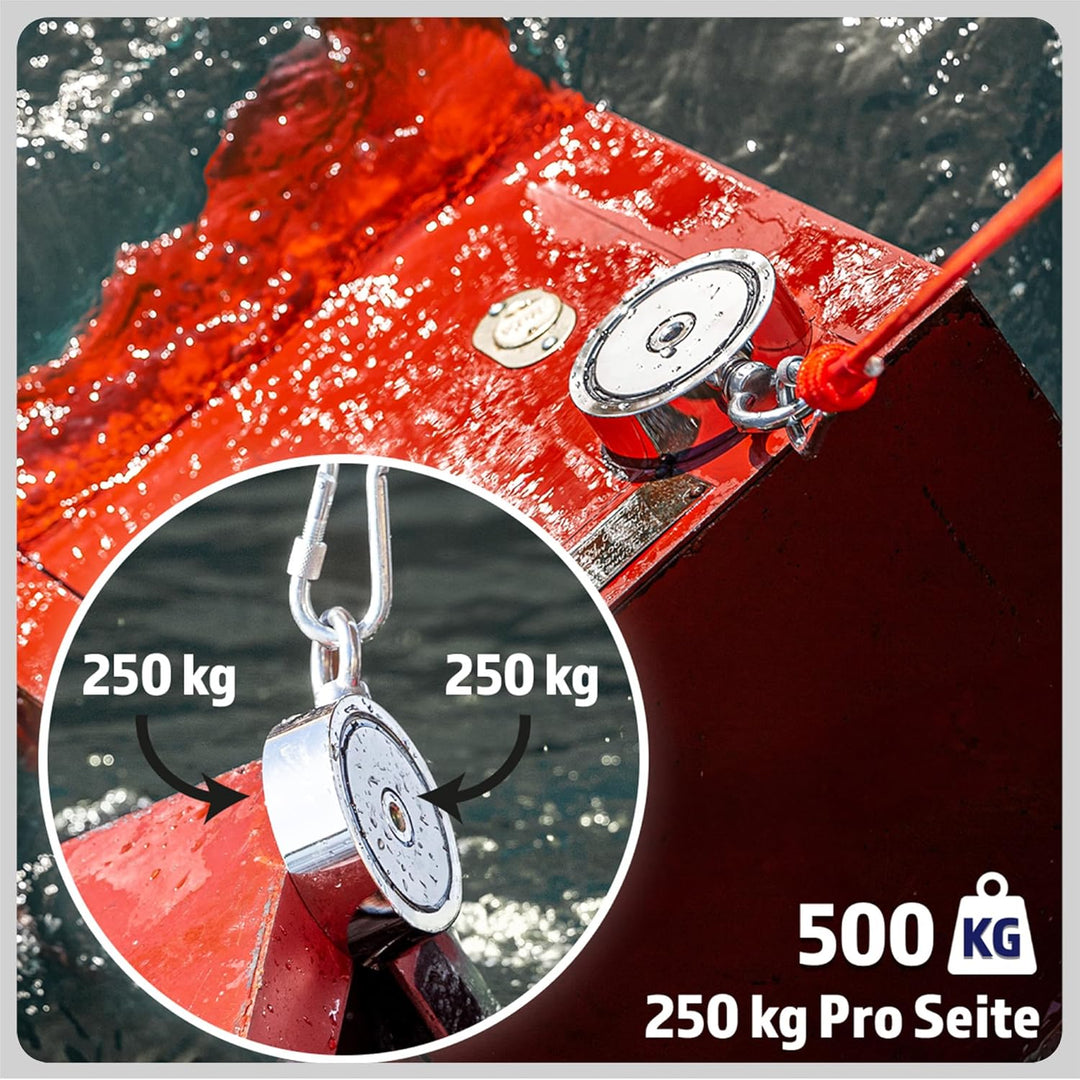 Magnetfischen Set - 500 KG (2 x 250kg) - Ø75mm - Neodym Magnet mit Seil (20M) & Handschuhe - Magnet