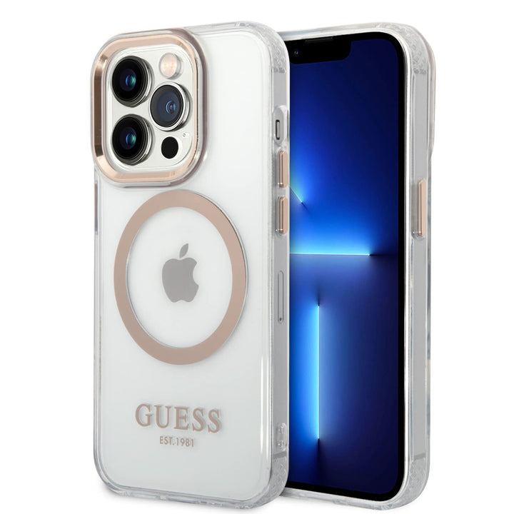 Guess GUHMP14XHTRMD Hülle für iPhone 14 Pro Max 6,7" Gold/Gold Hard case Metal Outline
